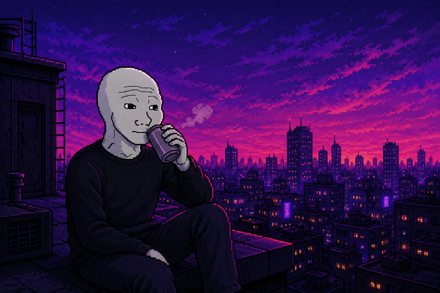 Pixel Wojak drinking on the rooftop