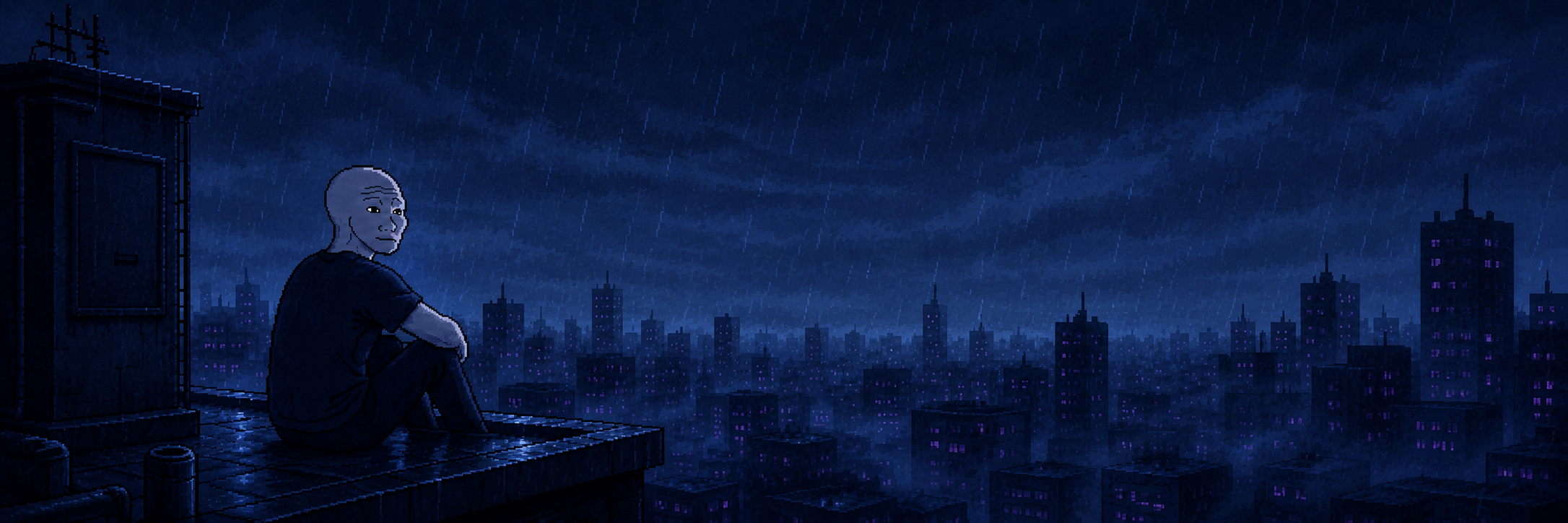 Pixel Wojak sitting on a rooftop above a neon pixel city